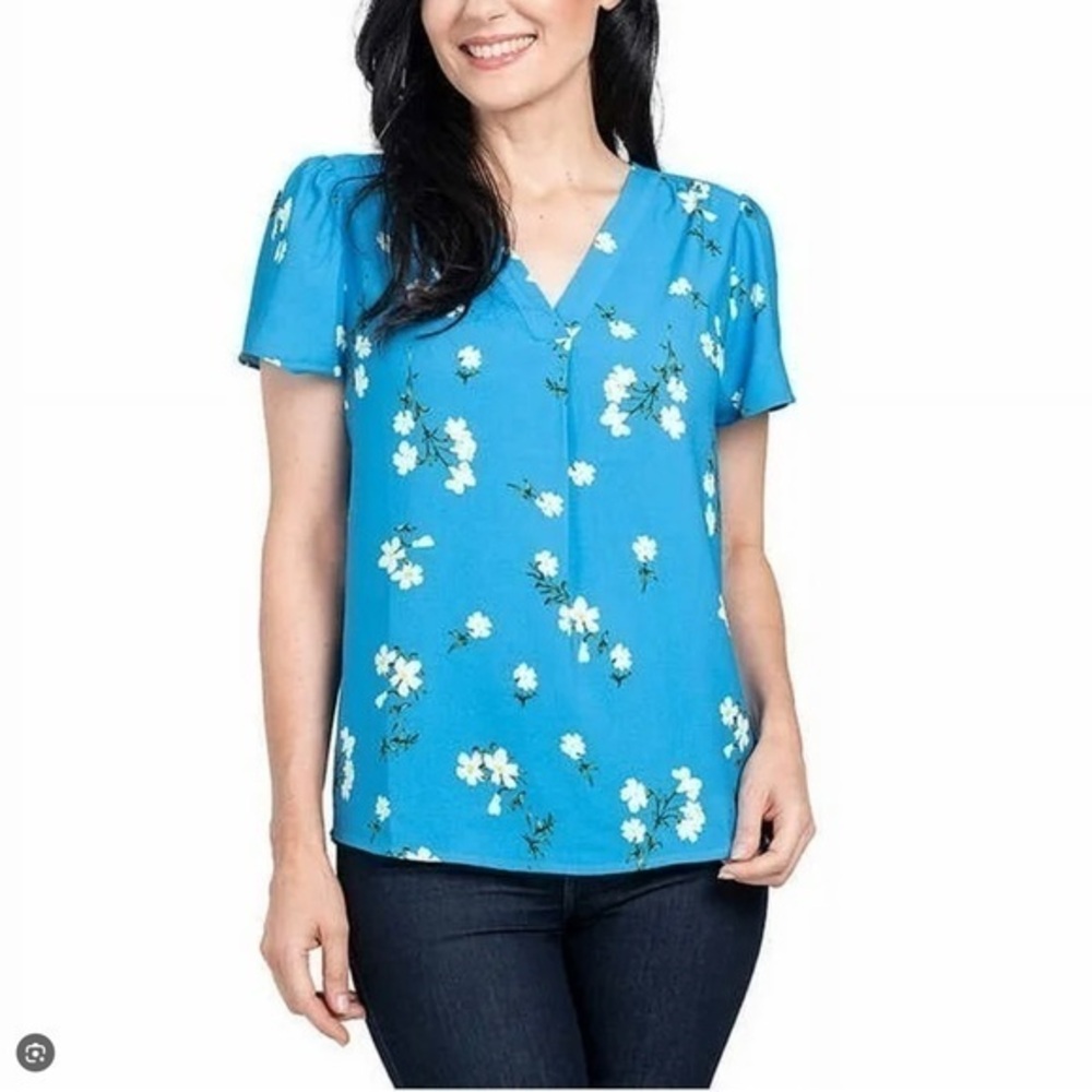 Hilary Radley Royal Blue Floral Print Short Flutter Sleeve Top XL